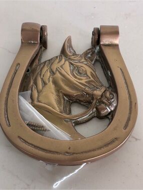 Vintage Brass Horse Head Horseshoe Door Knocker - Antique Brass Finish
